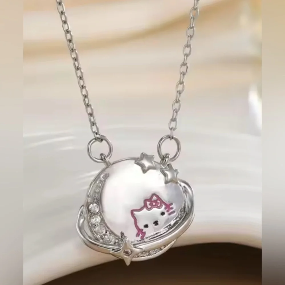18K White Gold Hello Kitty “Kitty In The Moon” Diamond Accent Necklace Kawaii